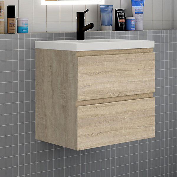 Ensemble meuble de salle de bain et lavabo chêne ( L.60 cm) 2 tiroirs   meuble haut x2   lavabo   miroir LED