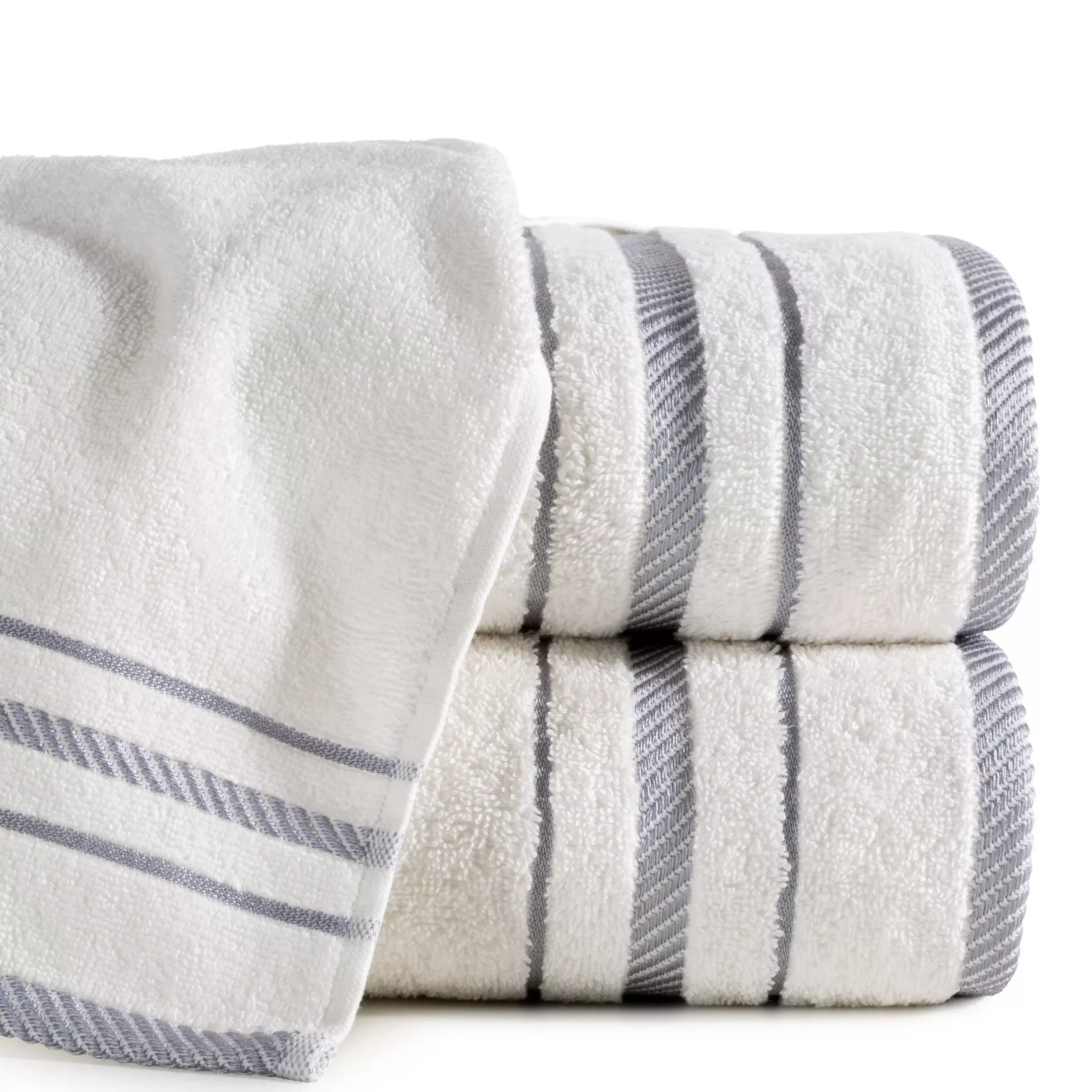 Ręcznik kąpielowy 50x90 cm bawełniany kolor biały z bordiurą podkreśloną żakardowymi paseczkami 480 g/m2 KORAL