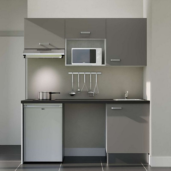 Kitchenette K55 façades Gris - Plan de travail Noir texturé - Crédences : Non - Evier inox - Electroménager Inox inclus