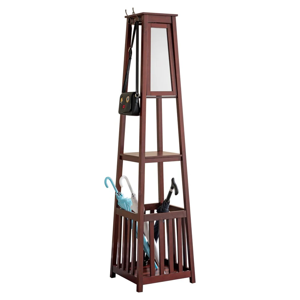 Porch & Den Dana Cherry Finish Wood Coat Rack With Shelf, Umbrella Holder, and Mirror