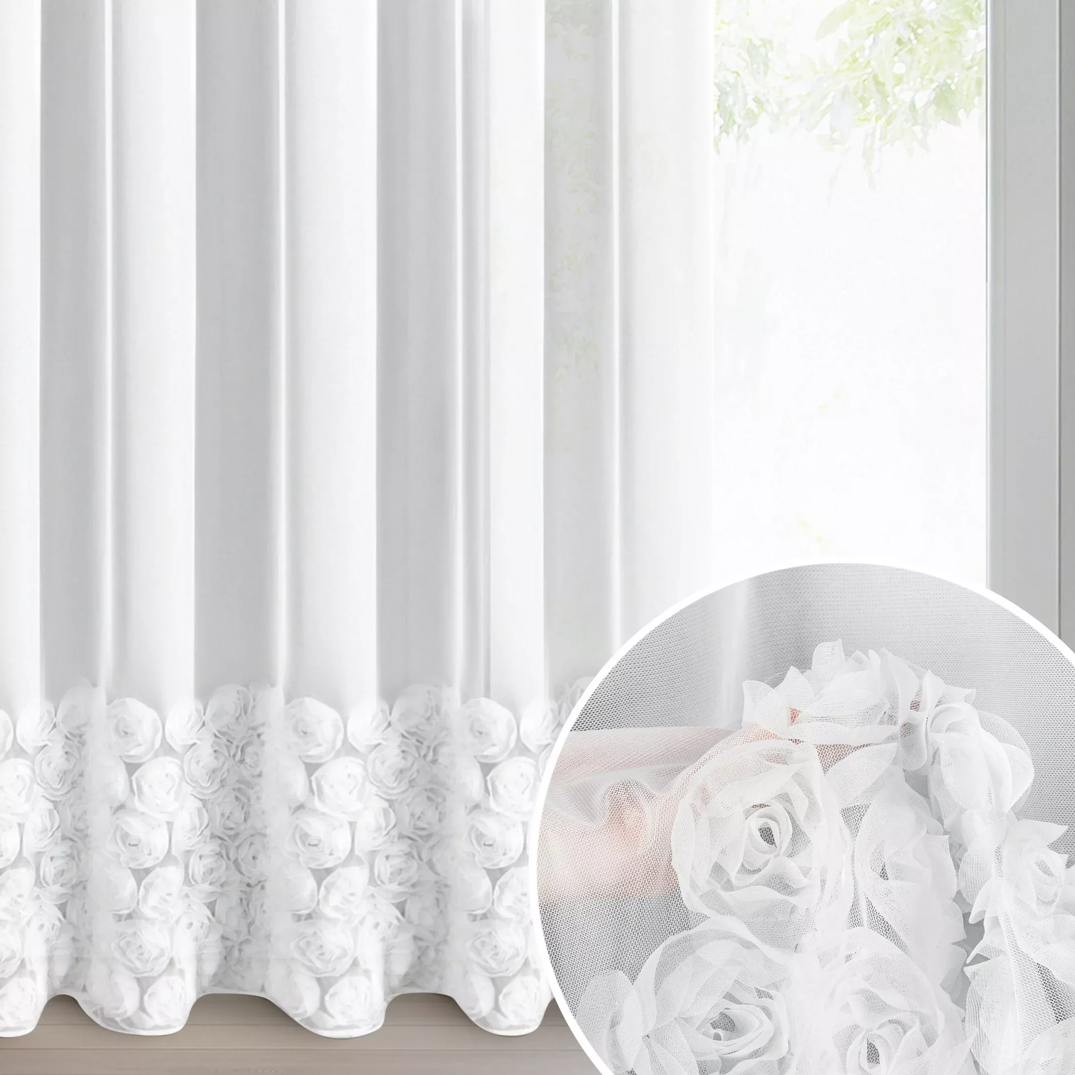 Firana biała z siateczki zdobiona aplikacją 3D w róże 350x270 cm taśma - ROSES3 - Eva Minge