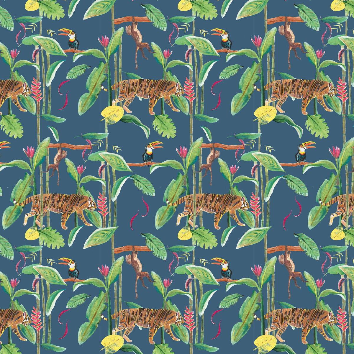 Catchii Behang Tiger Jungle donker blauw