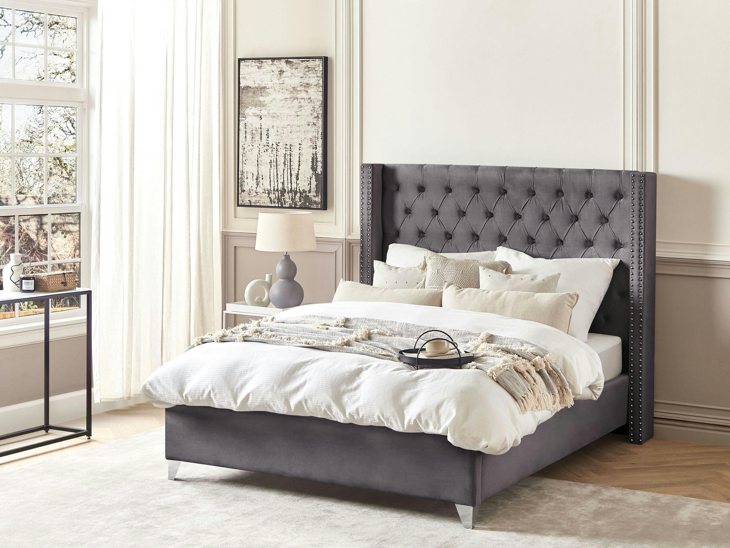 LUBBON - Lit double en tissu gris 140x200