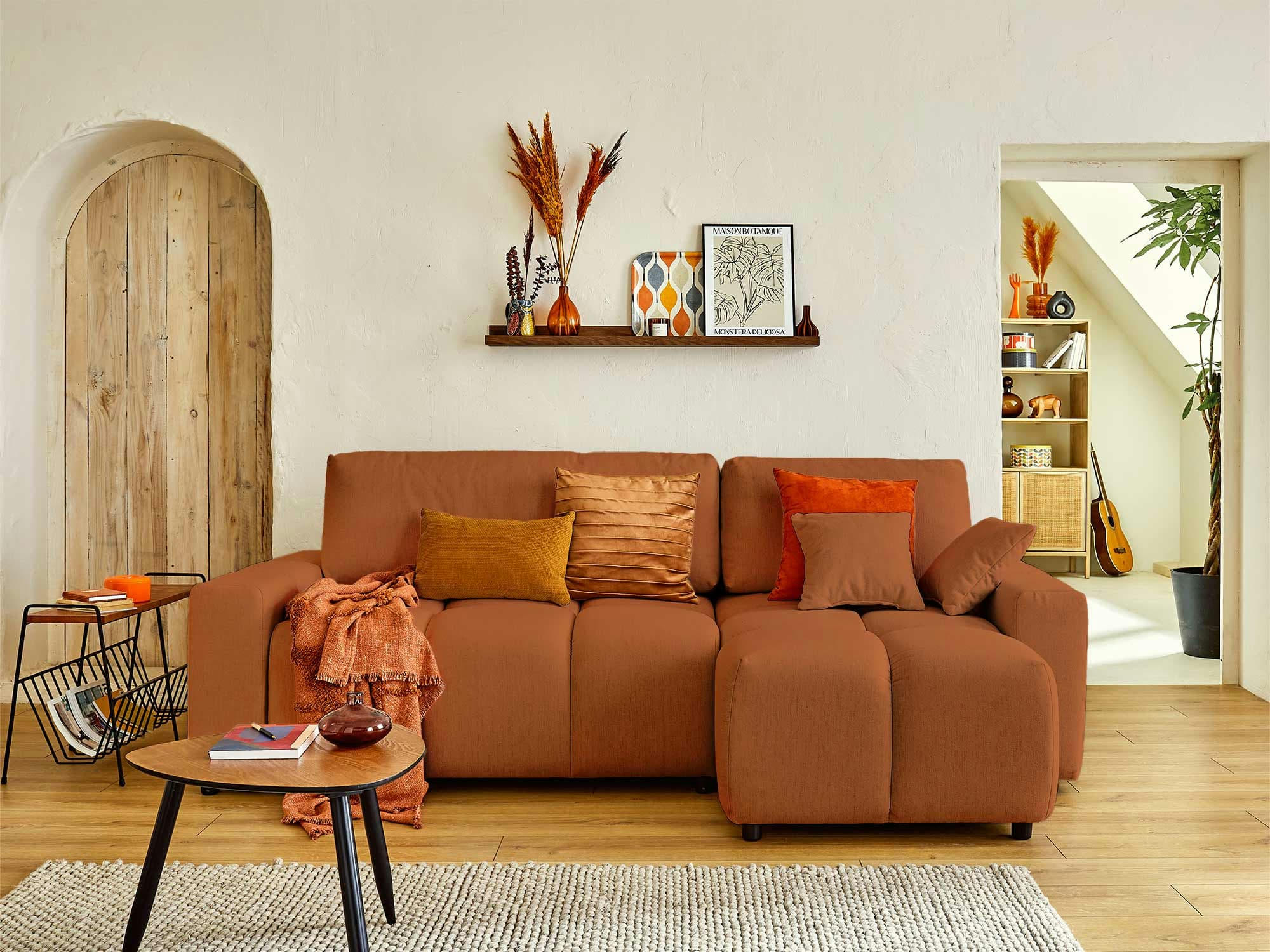 CROCUS - Canapé d'angle réversible convertible 4 places en tissu rouille