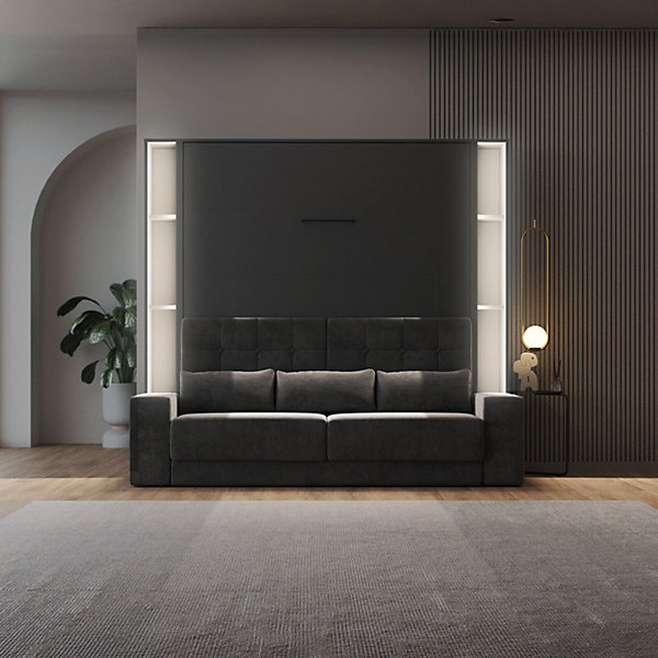Lit escamotable ensemble 2 placards étagère et canapé 180x200cm Lit Mural Anthracite inc.LED