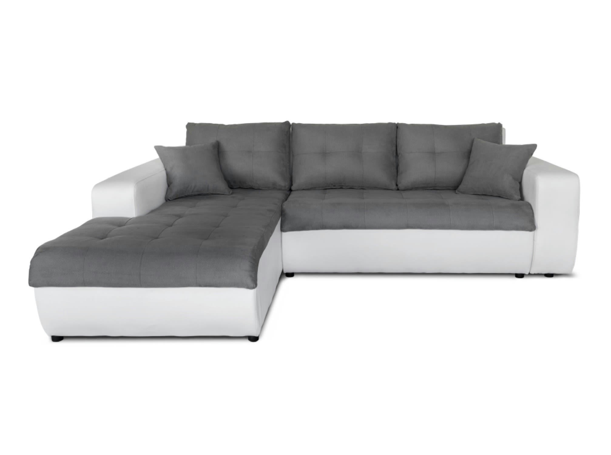SUZIE - Canapé d'angle gauche convertible bi-matière blanc/gris