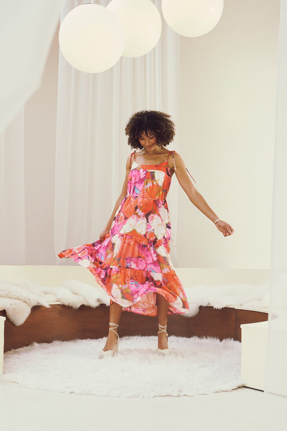 Izabel London Floral Tie Strap Tiered Midi Dress
