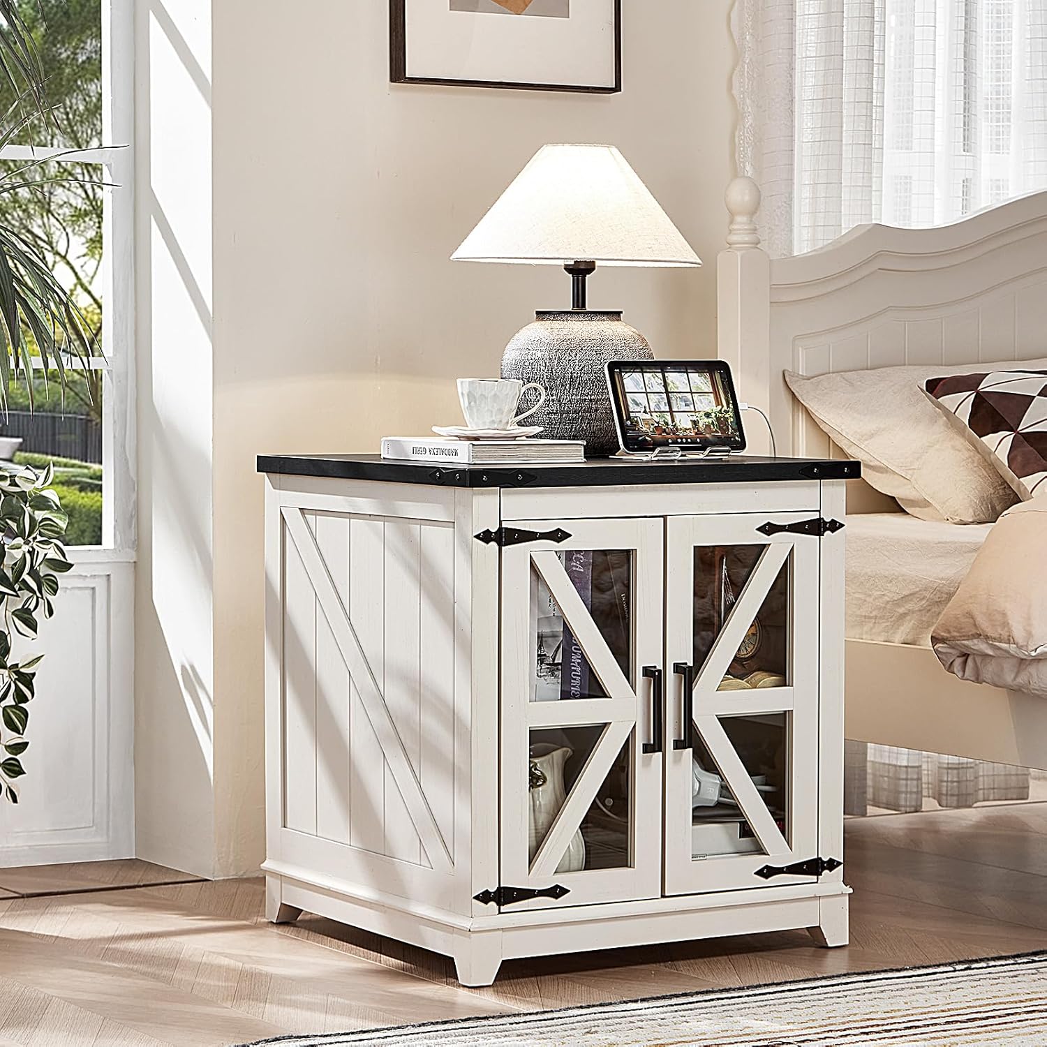 Farmhouse End Table with Charging Station Set 2, 24 Large Sofa Side Table with Glass Barn Door,White Nightstand with Adjustable Storage Shelf,Wood Square Bedside Table for Living Room,Bedroom