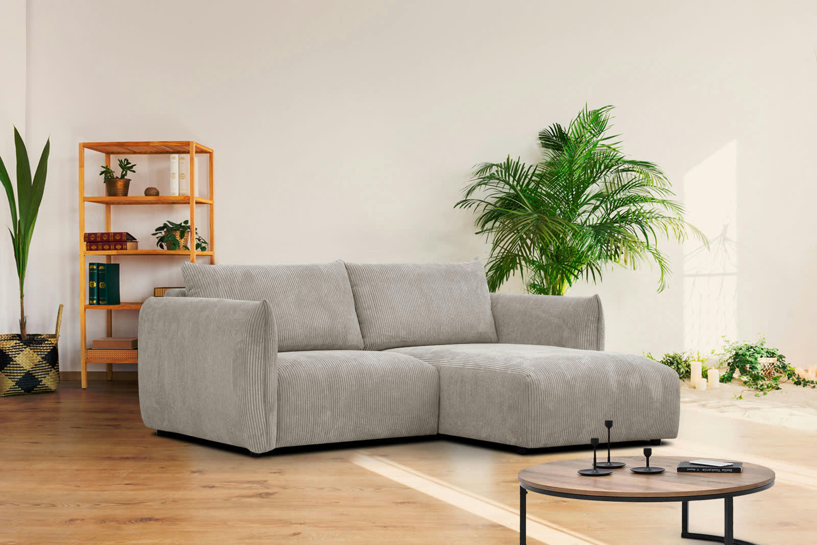 TAUER - Canapé d'angle droit 3 places tissu beige foncé