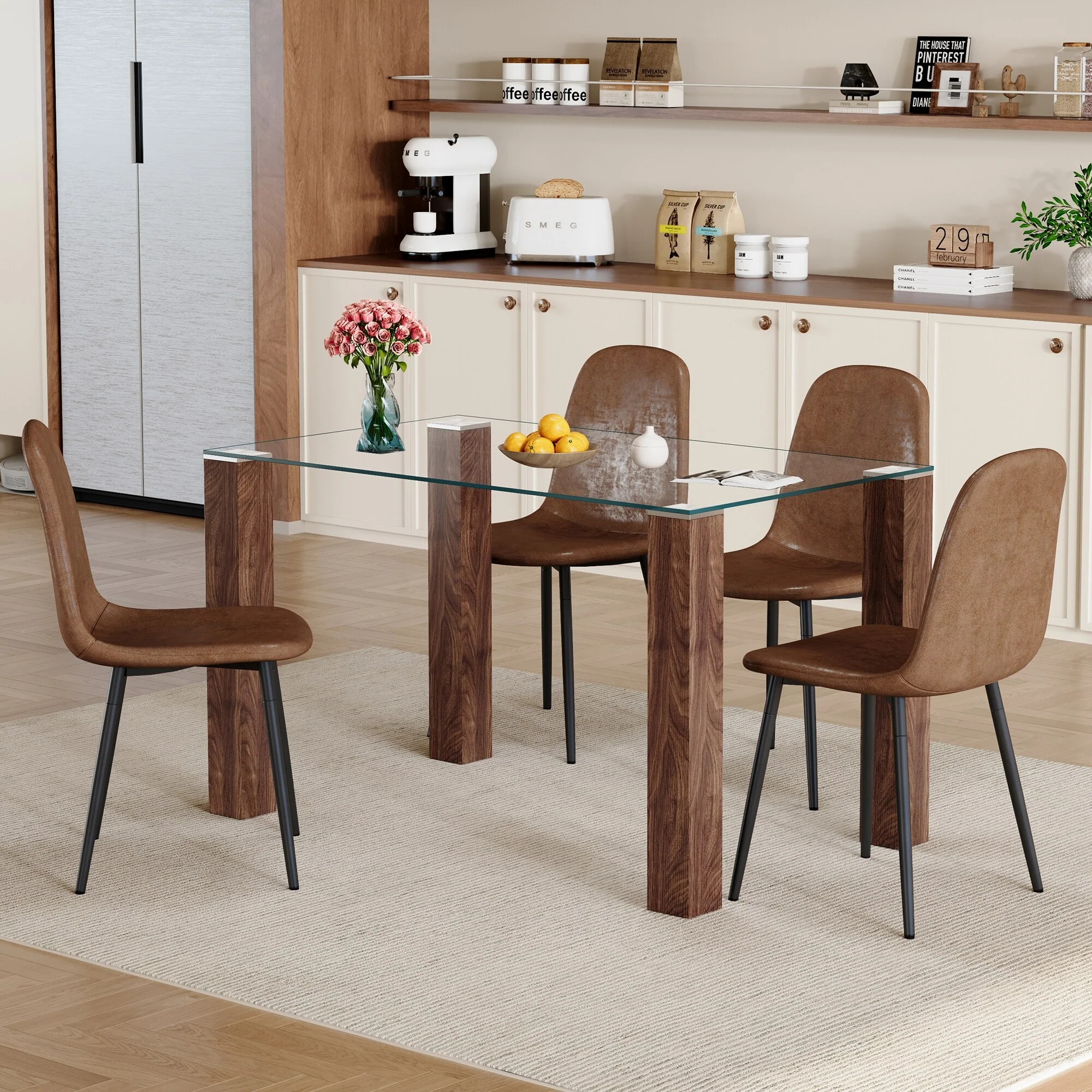 5-Piece Glass Dining Table Set for 4, Modern 49.6 Rectangular Kitchen Table Set with 4 Fabric Brown Chairs for Dining Room