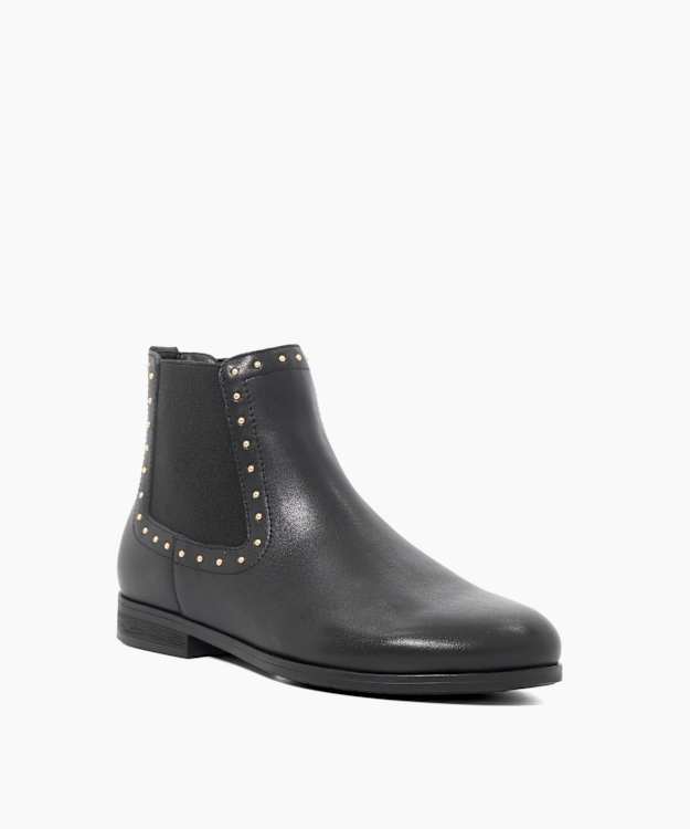 Pudded Black - Leather Stud Detail Round Toe Ankle Boots