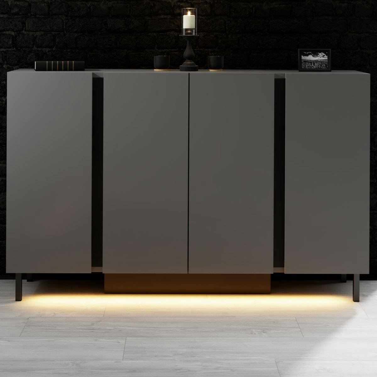 Buffet salle à manger 4 portes LED gris foncé AURA