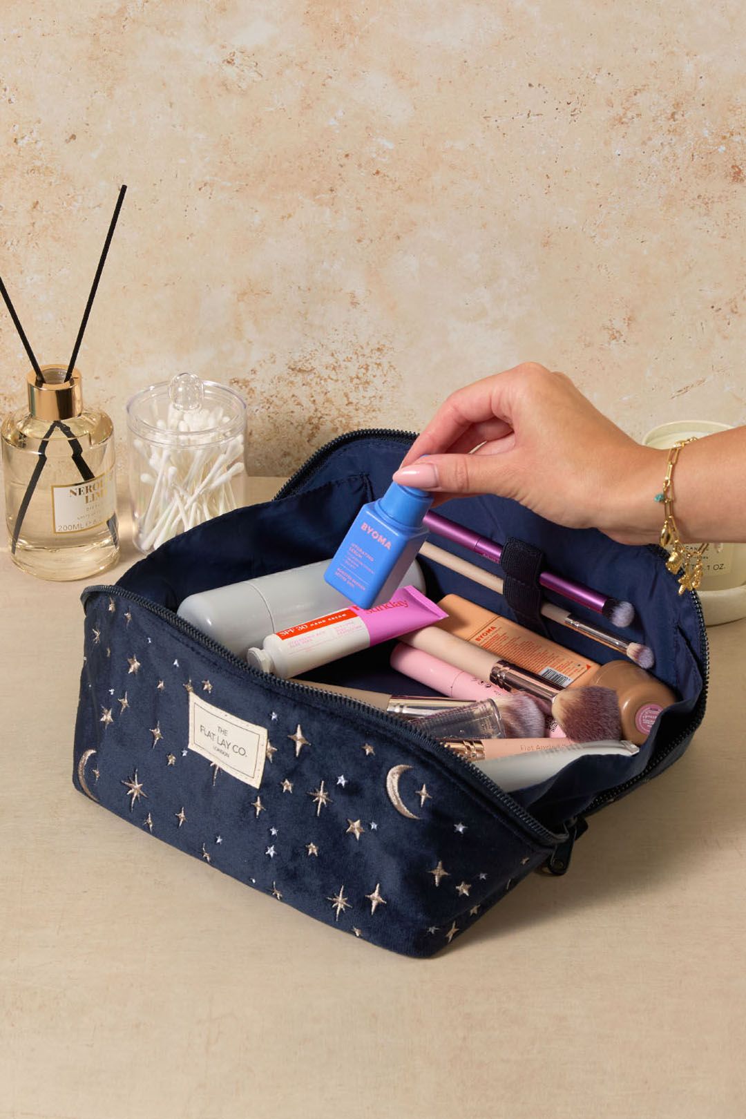 The Flat Lay Co Makeup Box Bag - Celestial Blue Embroidered Velvet