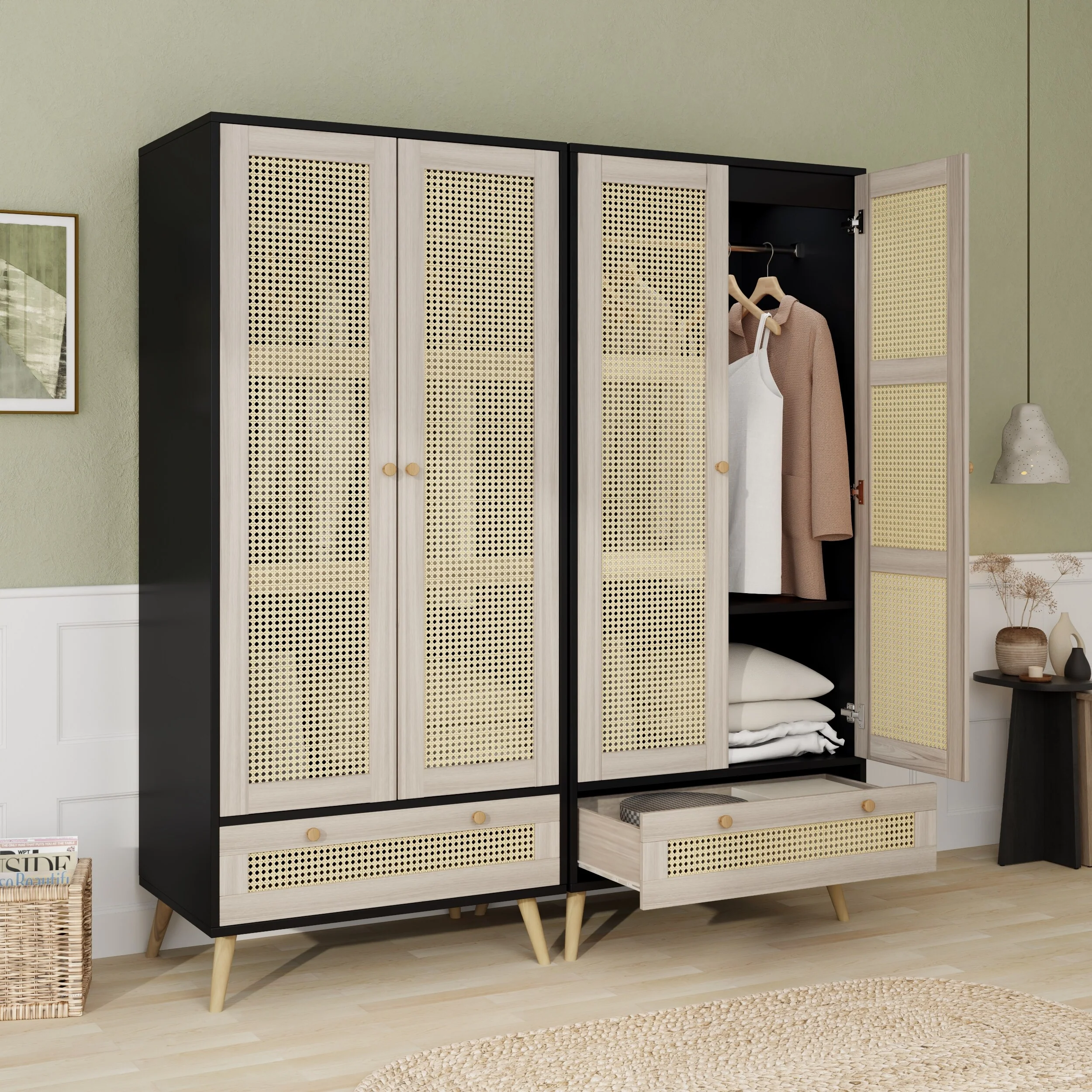 70.8 Tall Armoire Wardrobe Closet with 2 Rattan Doors