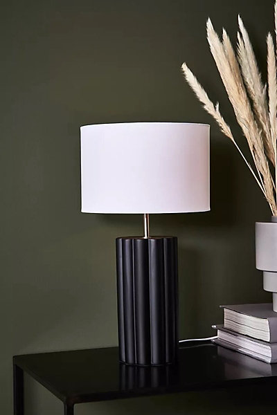 Lampe de table E14, max. 18W, abat-jour textile blanc, socle céramique noir - Markslöjd - Column