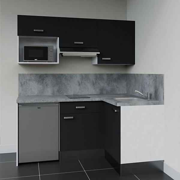 Kitchenette KA03 façades Noir - Plan de travail Gris béton - Crédences : Oui - Evier inox - Electroménager Inox inclus