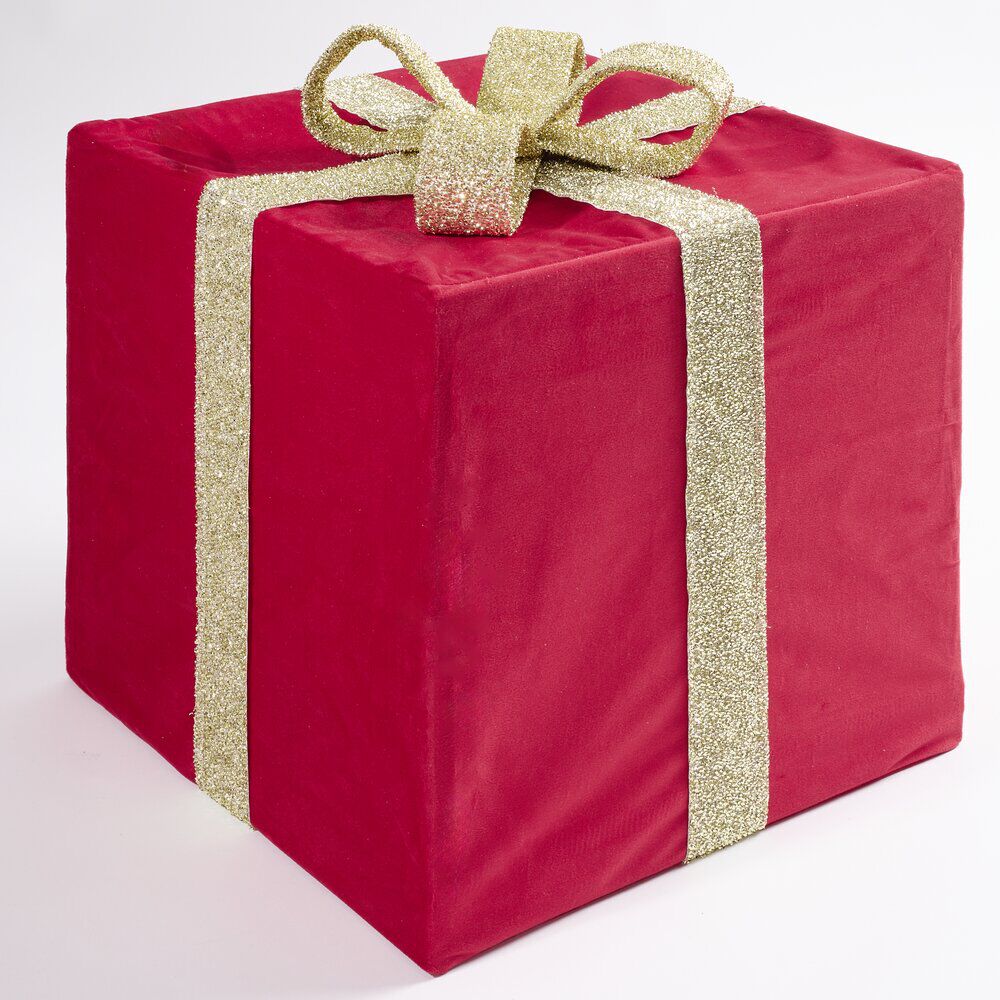 Cadeau déco No&euml;l pliable tissu rouge ruban doré 35x35xH40cm
