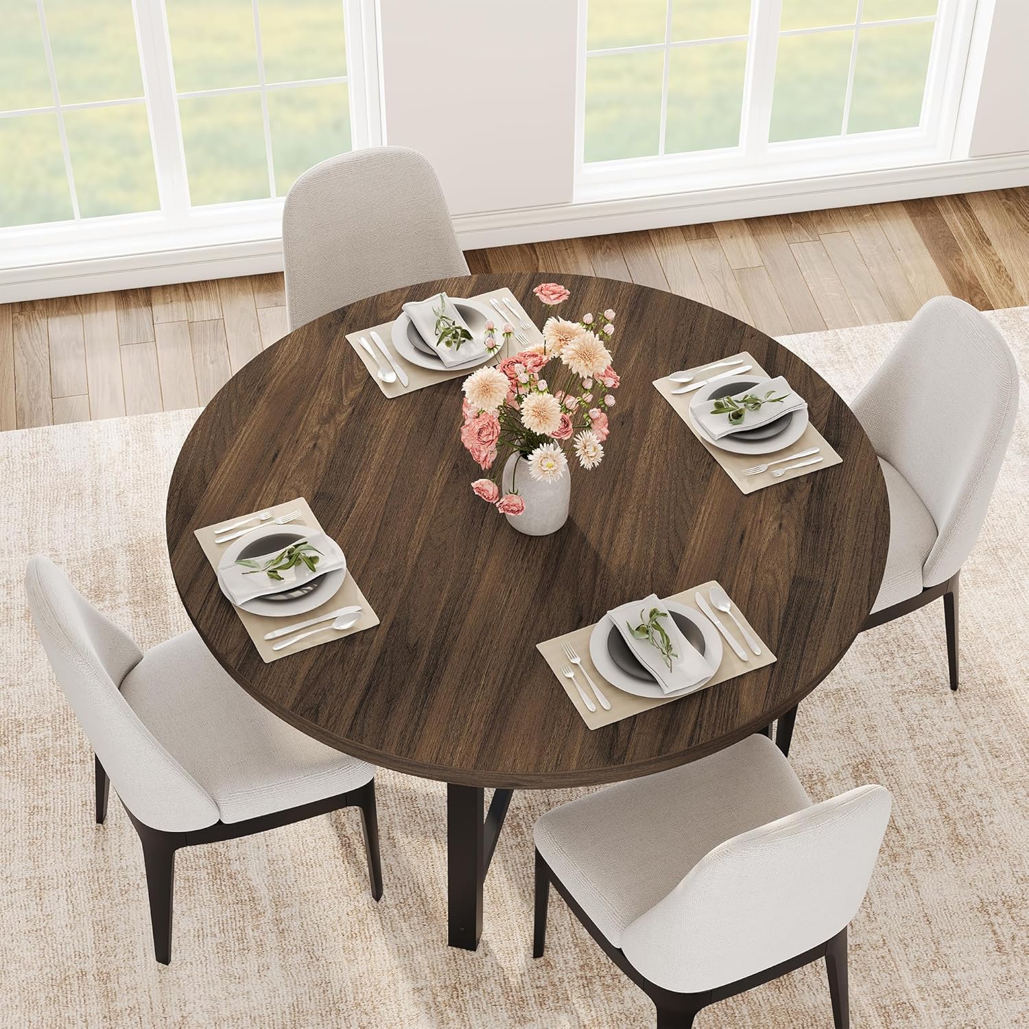 IDEALHOUSE 47 Round Dining Table for 4, Kitchen Dining Room Table with Sturdy Metal Frame, Wood Circle Kitchen Table for Space Saving -Brown (No Chairs)
