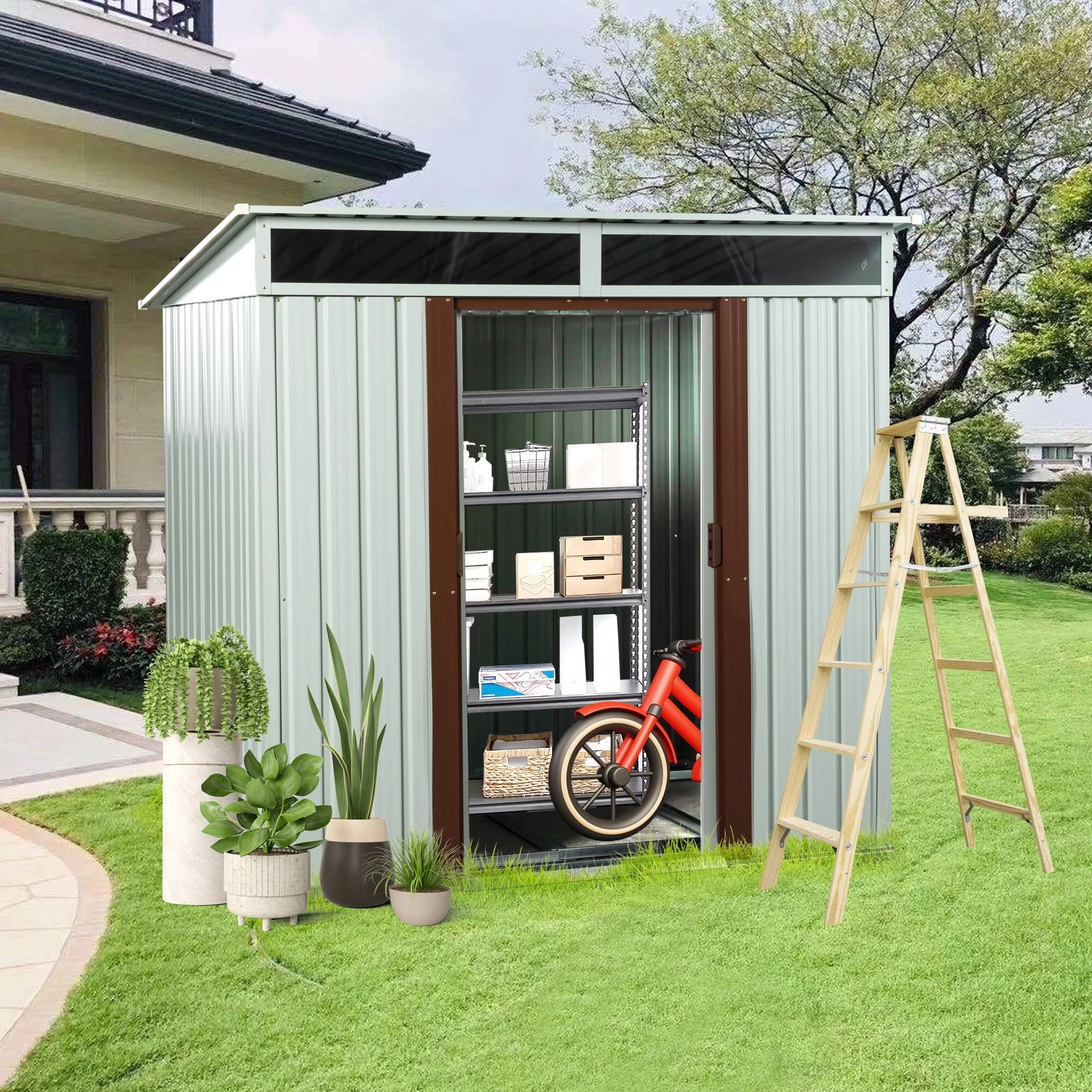 Rustproof Galvanized Steel Storage Shed Garden Shed with Sliding Lockable Doors & Tilted Roof Waterproof Tool Shed