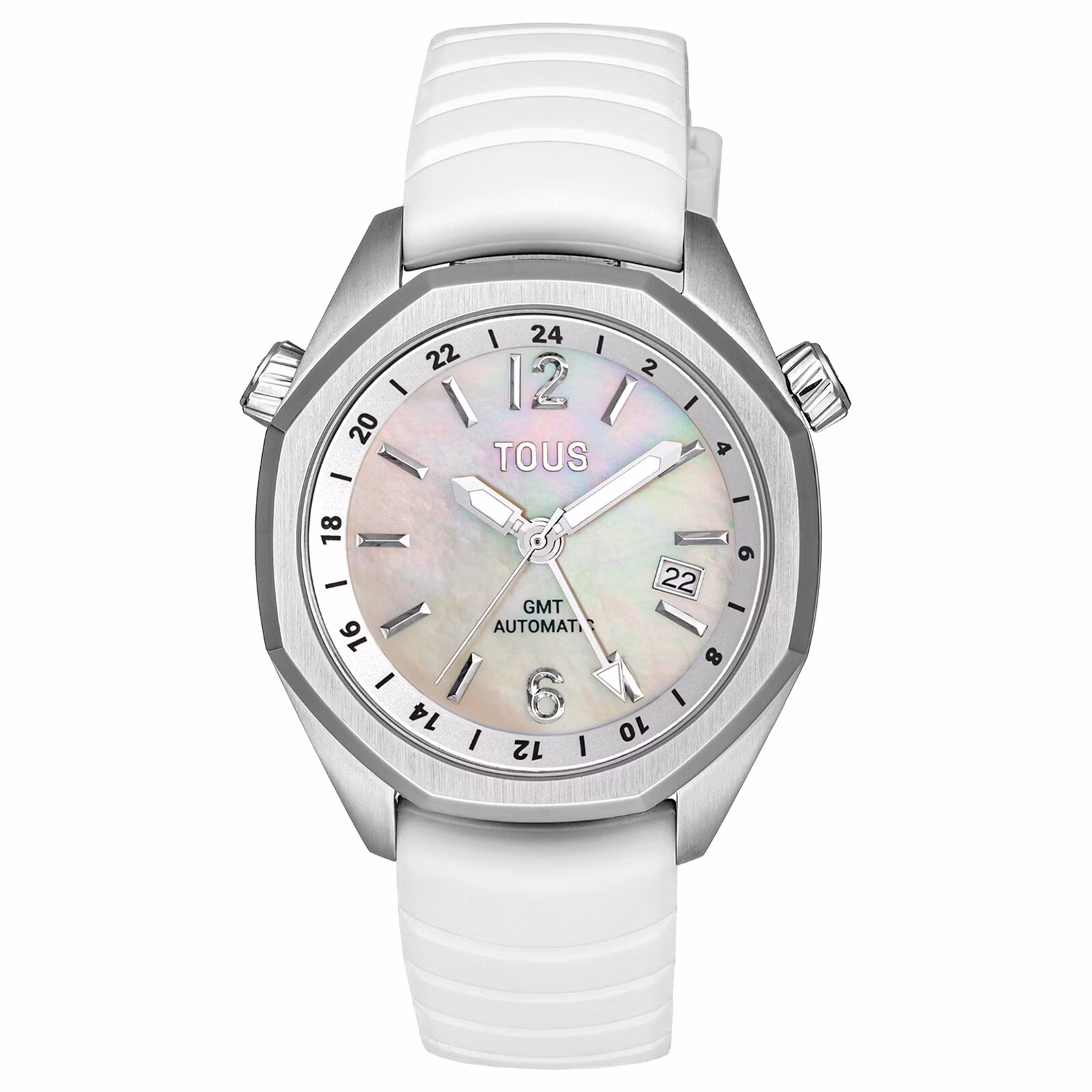 Reloj gmt automático con correa de silicona blanca, caja de acero y esfera de nácar TOUS Now