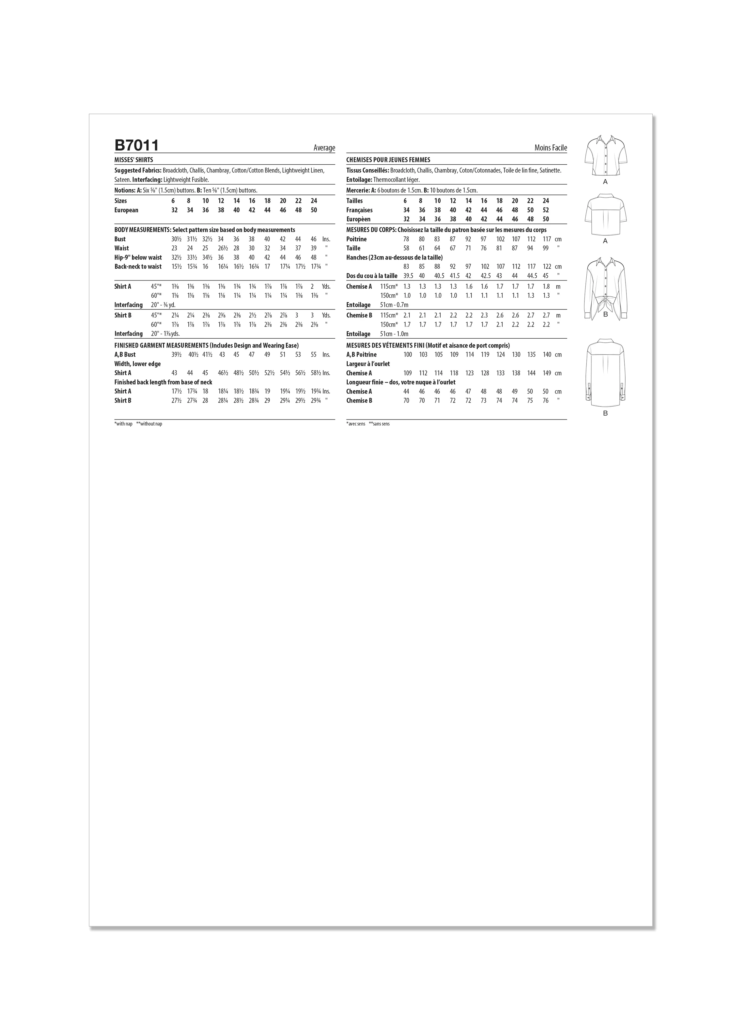 Butterick Pattern B7011 Misses' Shirts
