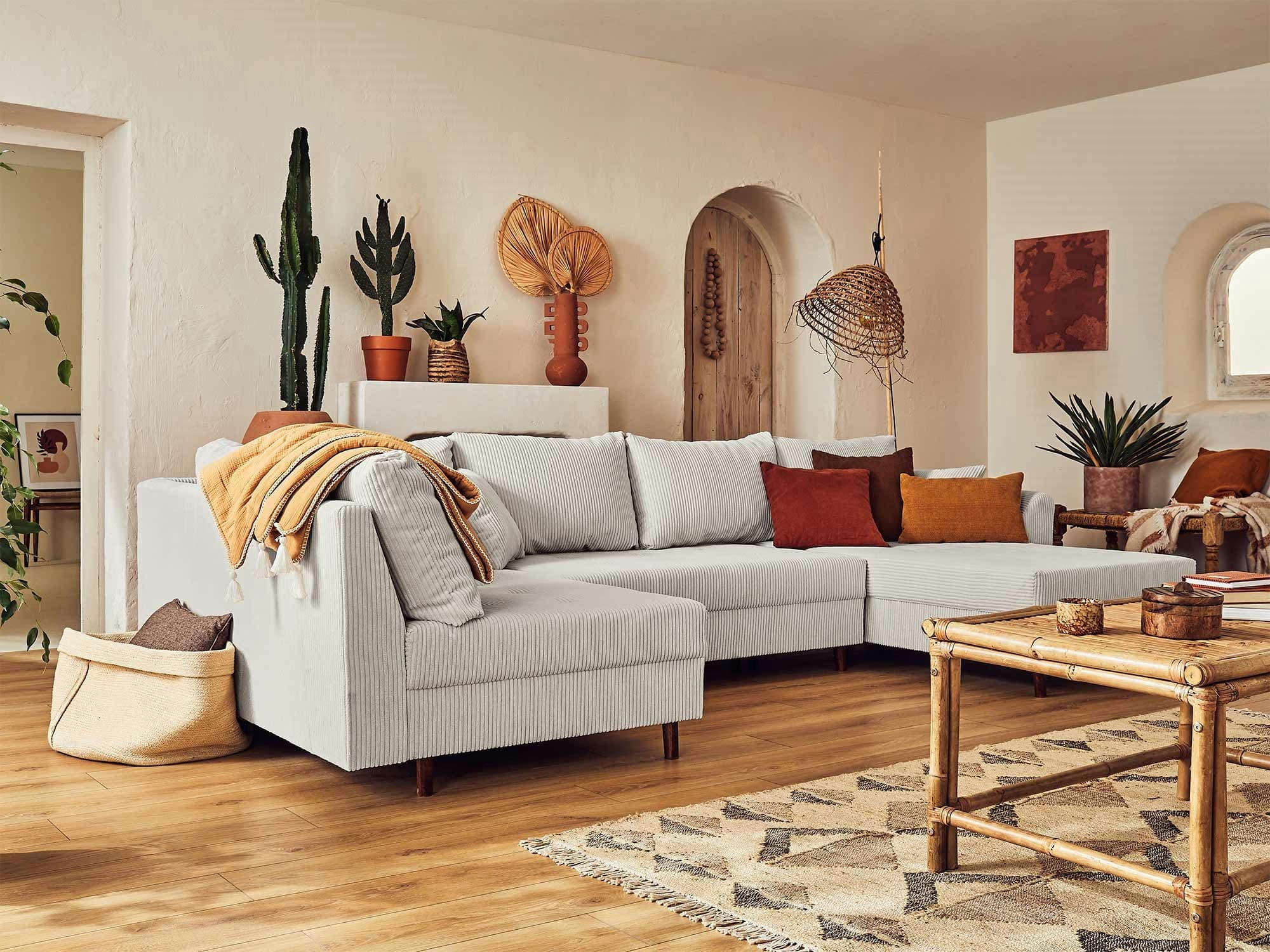 RUNE - Canapé d'angle gauche 7 places en velours côtelé gris clair