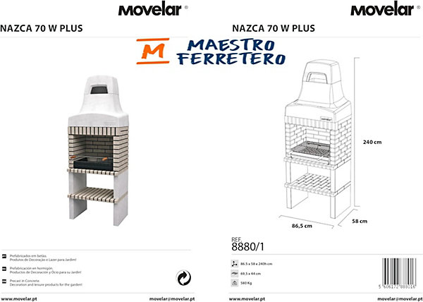 MOVELAR - Barbecue préfabriqué à bois et charbon de bois Nazca 70 (Beige - 86,5x58x240 cm) REF : 8880/1 - Usage Extérieur