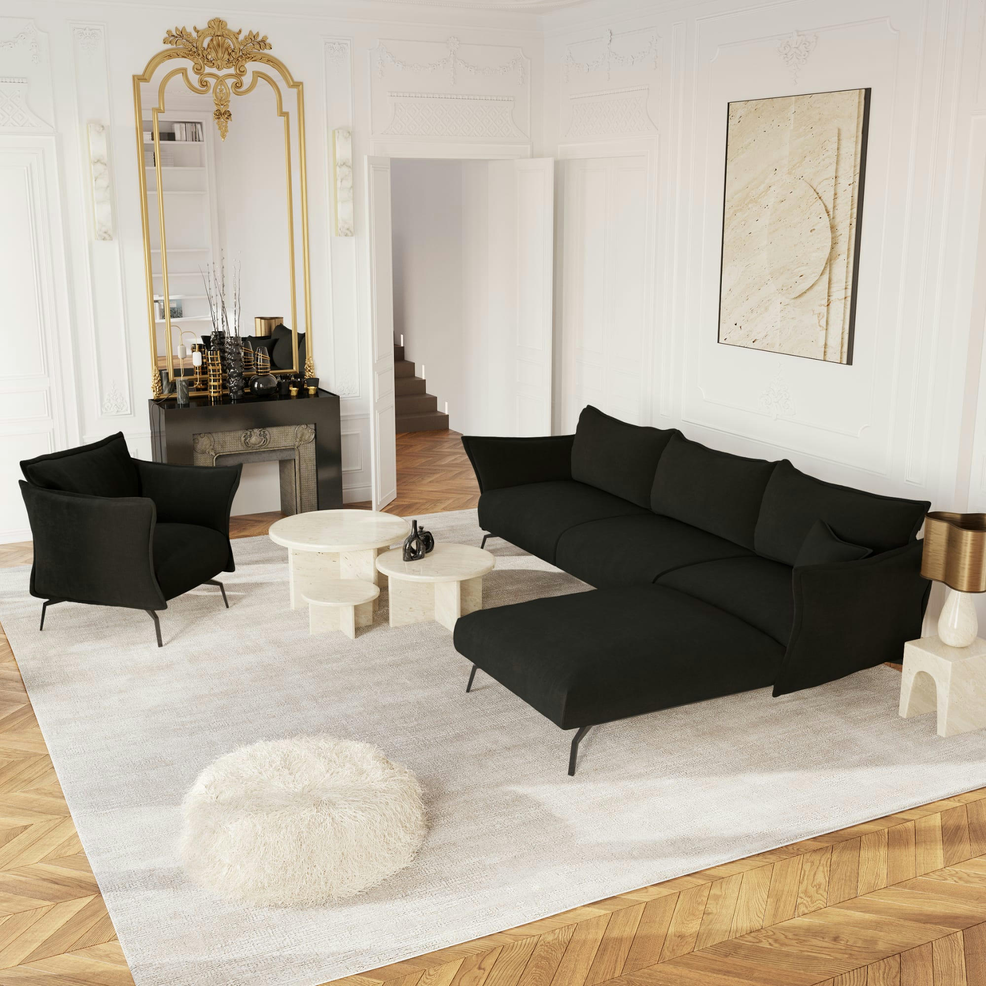 LENNY - Canapé d'angle droit velours noir