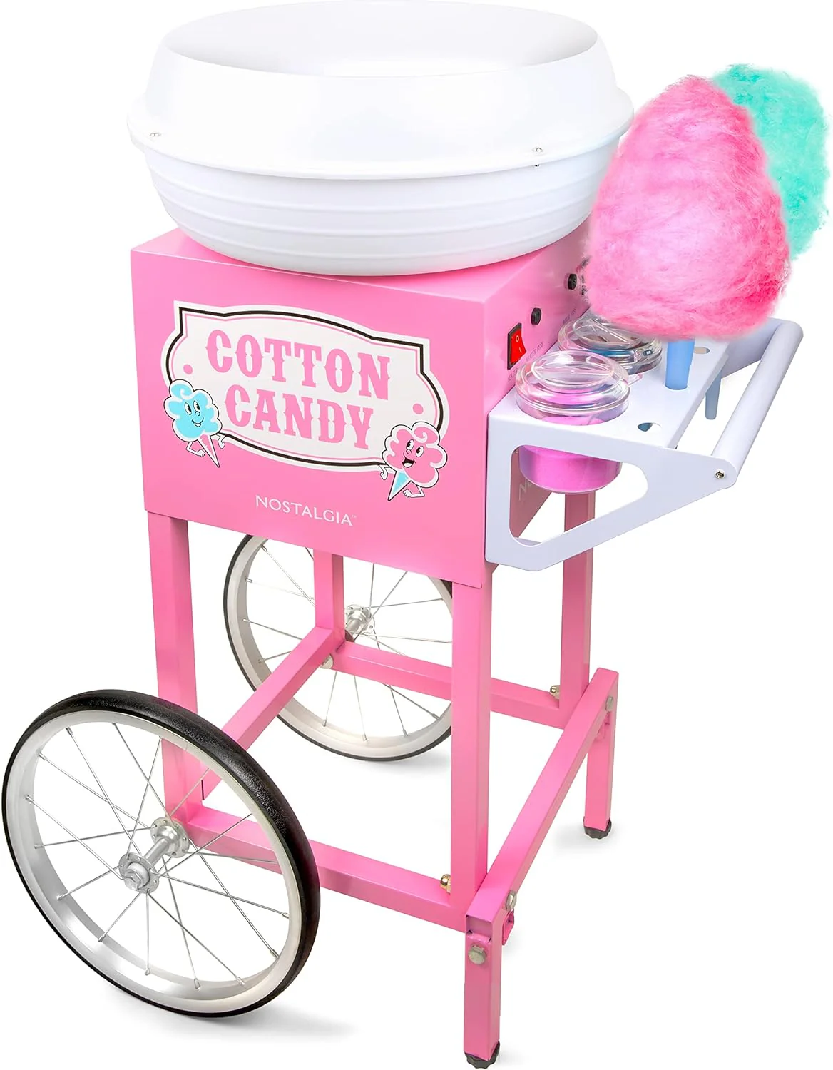 Nostalgia Professional Cotton Candy Cart, Vintage Candy Cart with Serving Shelf, 3 Bowls With Lids  Spoons, 13-in Rubber Wheels, Pull Handle, Includes 4 Reusable Cones  Wire Cleaning Brush, Pink(Pink)