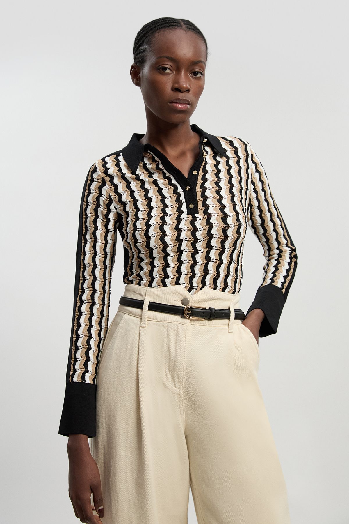 KarenMillen Knit Pointelle Contrast Collared Top