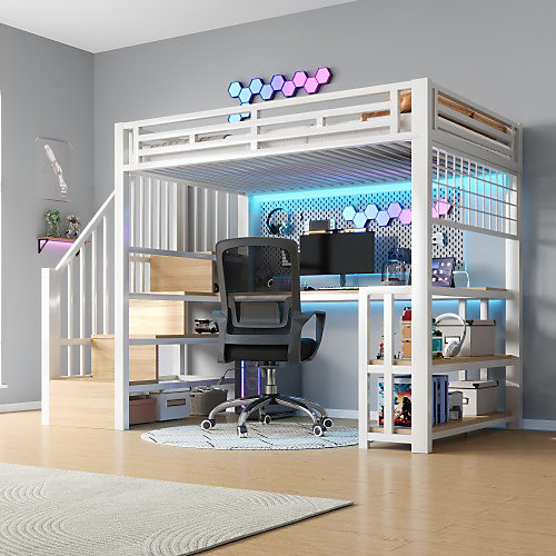 Lit mezzanine 90x200 cm avec LED - avec penderie et bureau - 2 ports USB   1 port Type-C - blanc (matelas non inclus)