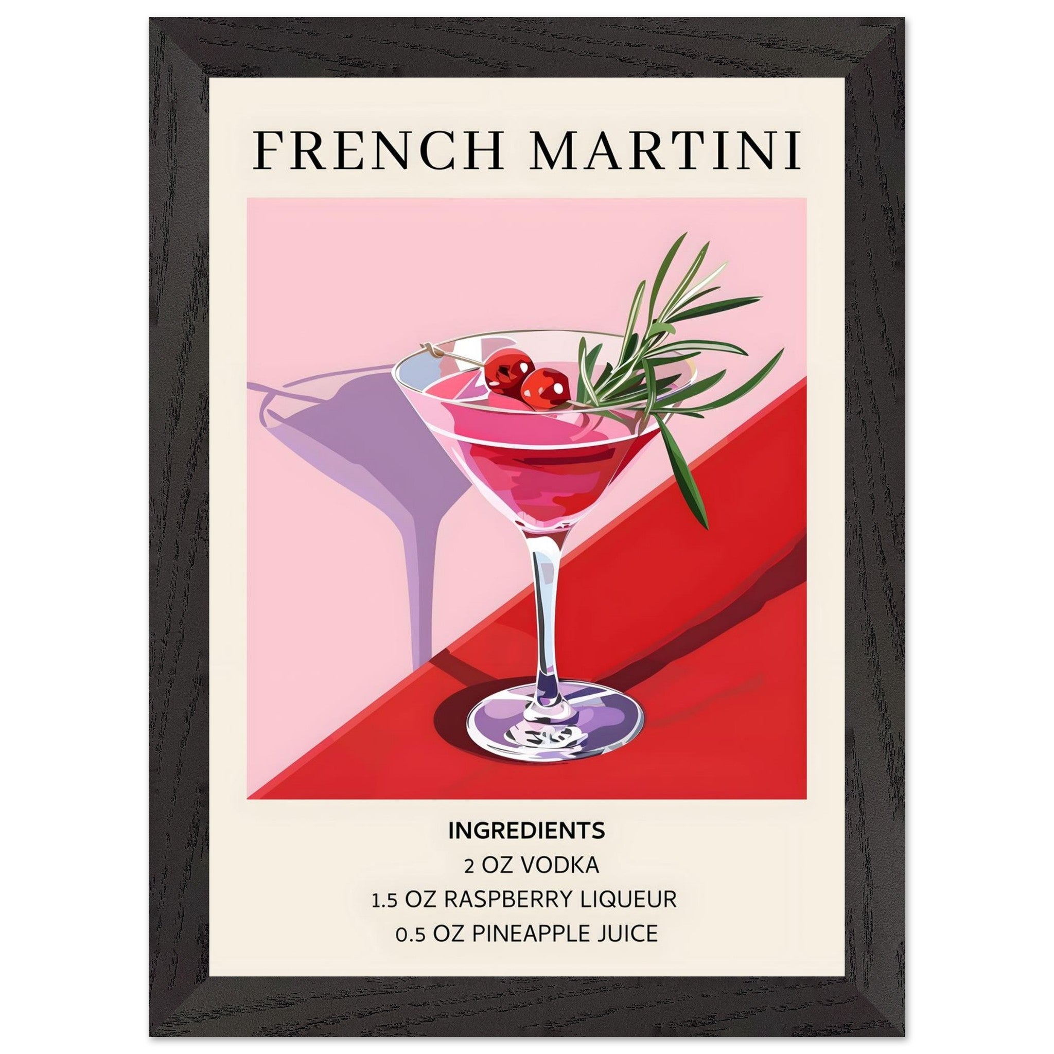 Artfulprints Poster met Lijst French Martini cocktail - Ingrediënten  - A4 21x29.7 cm - Roze