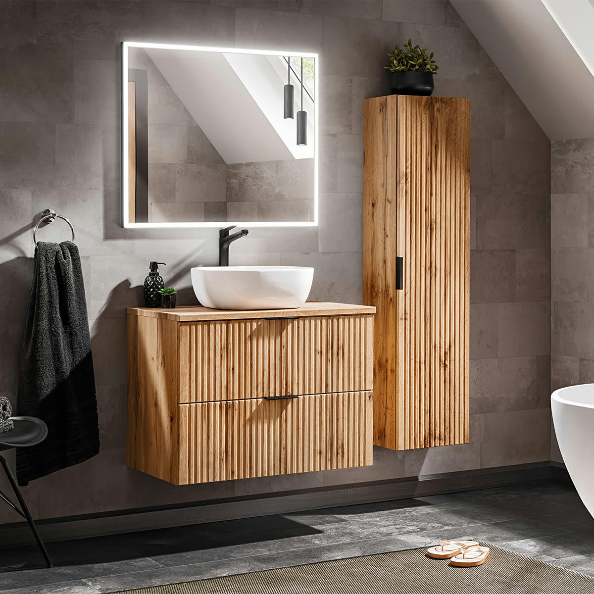 - Ensemble meuble simple vasque 80cm et colonne naturel