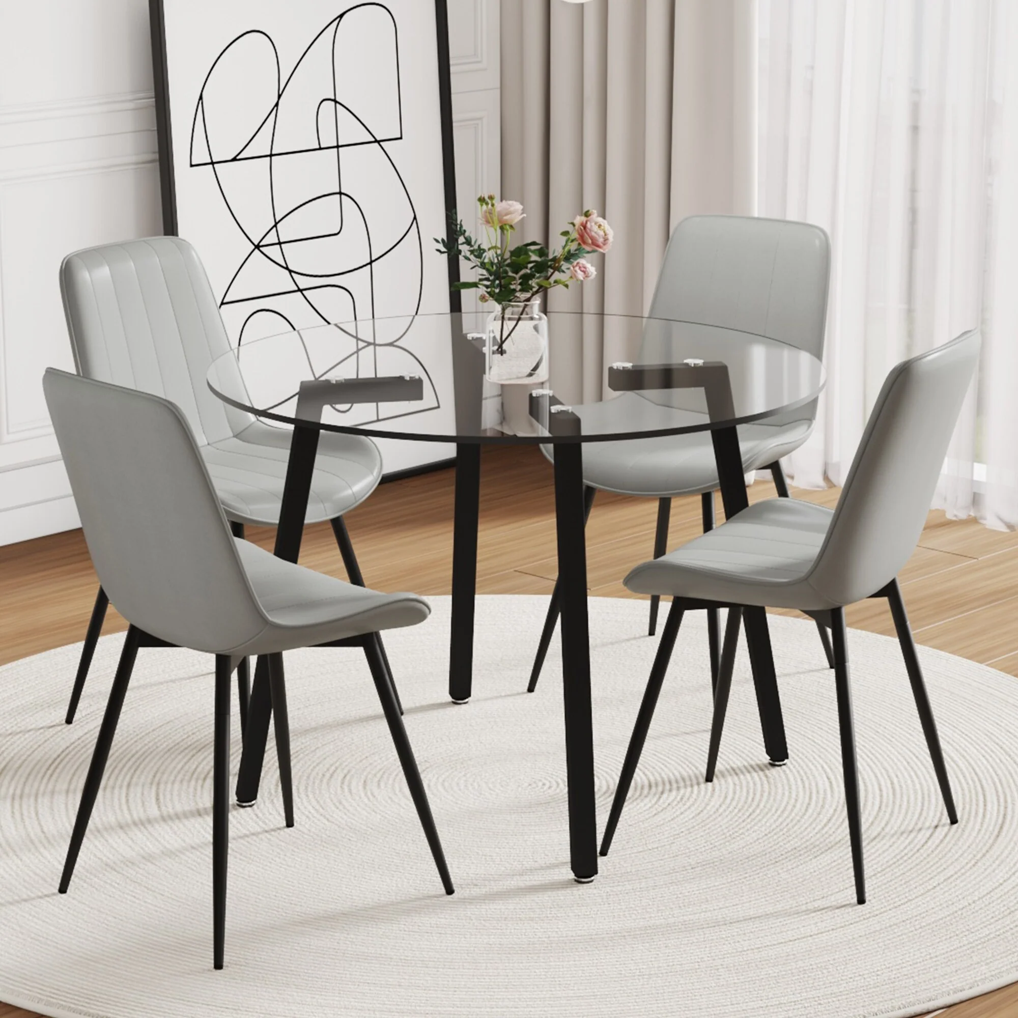 Dining Table Set for 4,Modern Glass Kicthen Dining Table with 4 Faux Leather Chairs