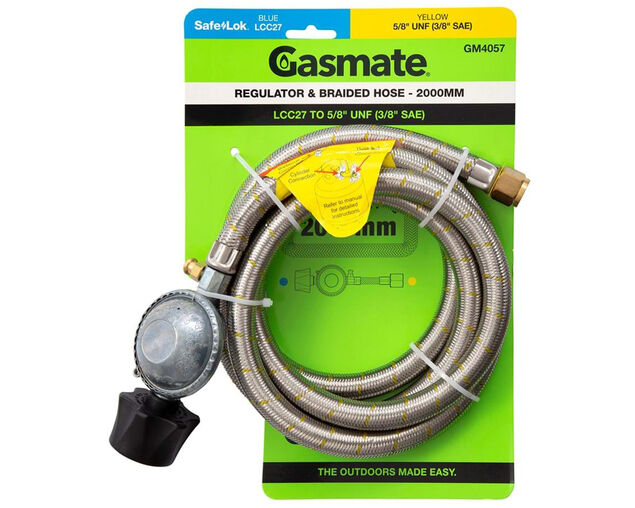 Gasmate Braided Hose & Regulator - 2000mm (LCC27 TO 5/8" UNF (3/8" SAE))