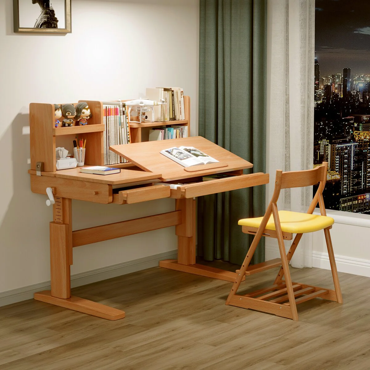 Adjustable Desktop Study Table, Solid Wood Children's Desk for Different Age Children Height