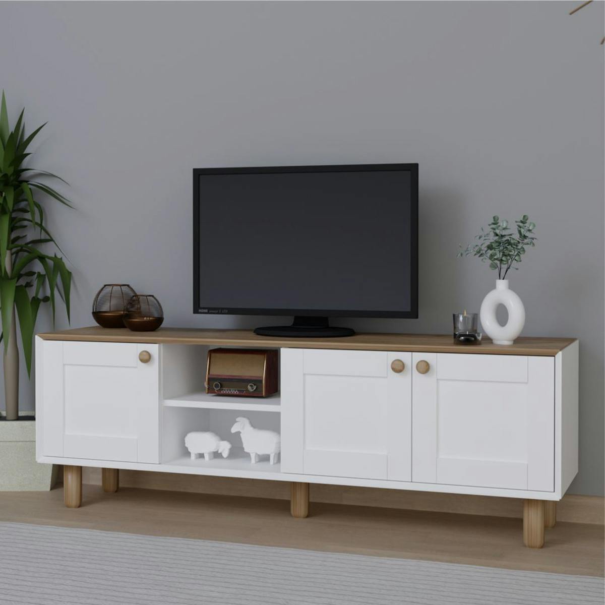 Meuble TV blanc, 3 portes à cadre plateau effet chêne VAREN