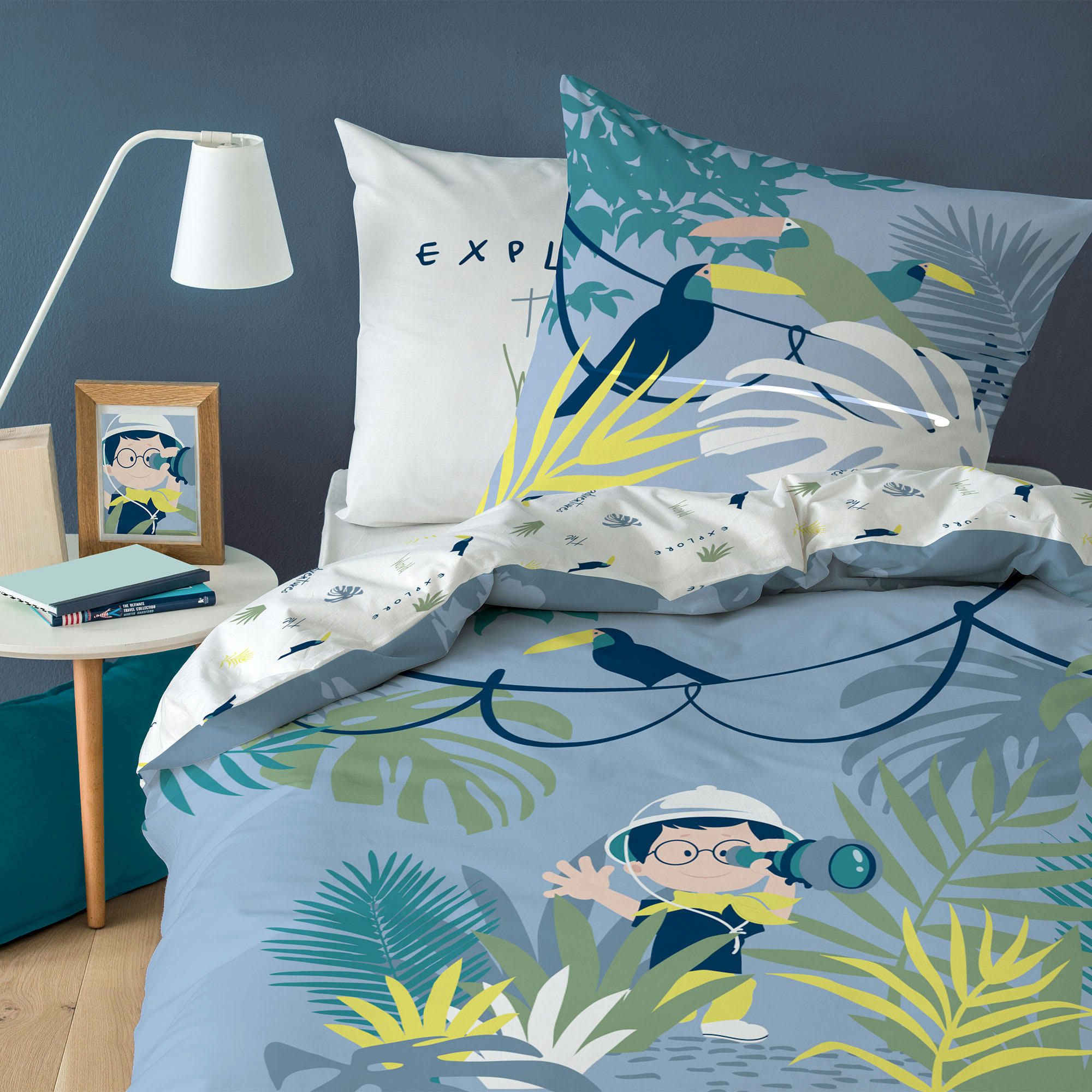 EXPLORATEUR - Parure de lit imprimée en coton Gris 140x200+63x63cm