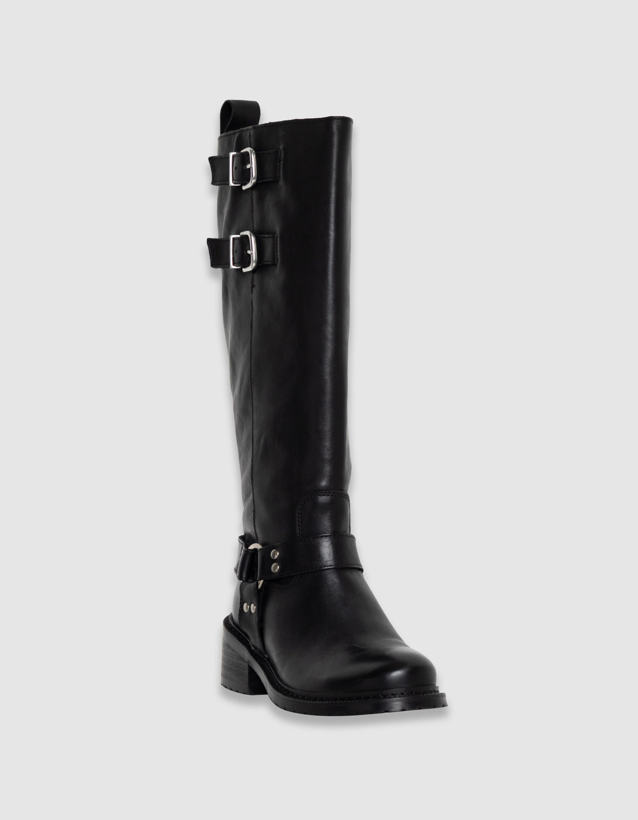 Bottes noires cuir esprit motard double boucle Femme