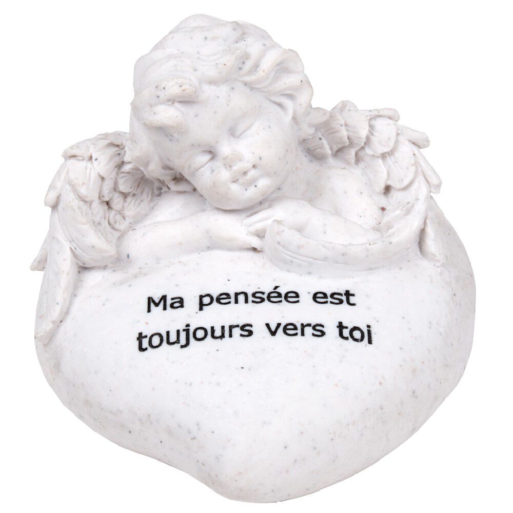 Statuette ange et coeur funéraire avec inscription pensée