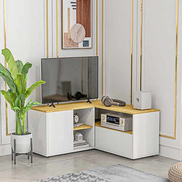 Meuble TV d'angle banc TV en L 2 portes 3 niches panneaux aspect bois chêne clair blanc