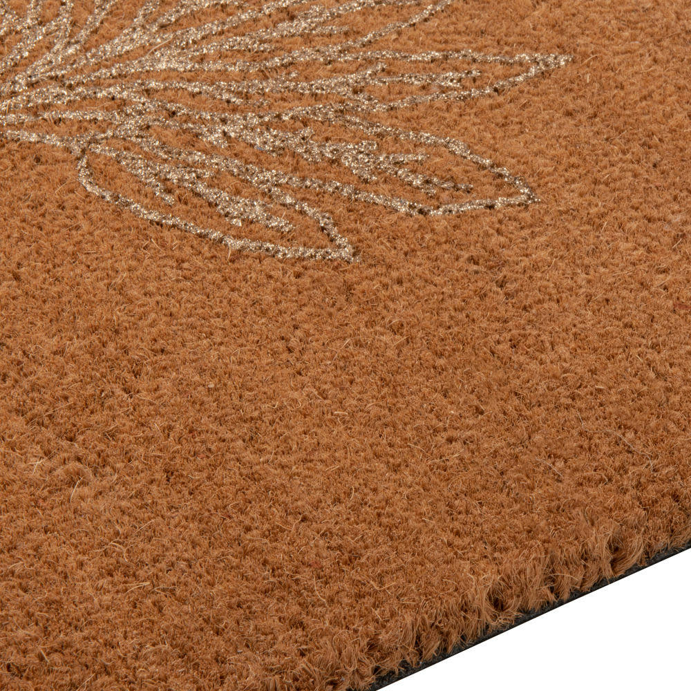 TACHA - Tapis en fibre de coco imprimé feuille doré et marron 40x60