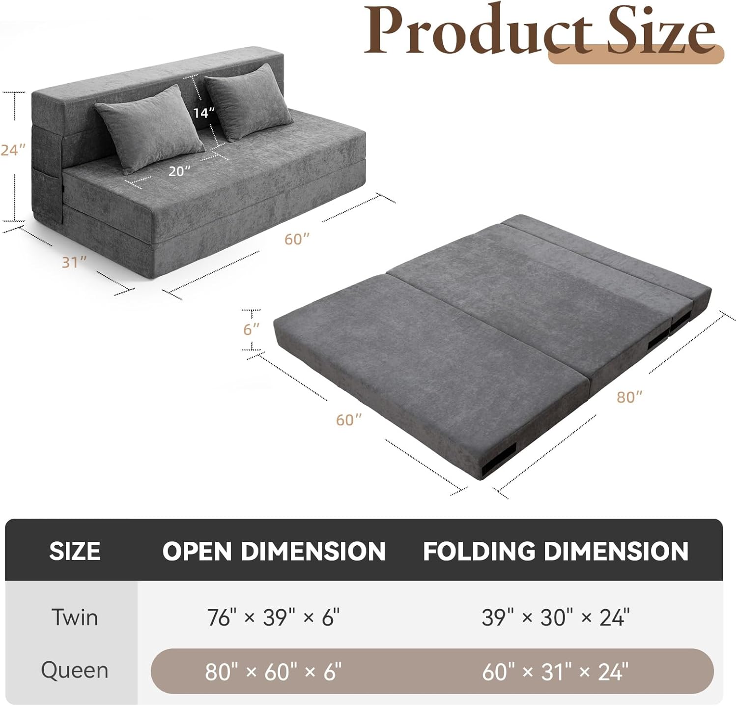HOMFINE Folding Sofa Bed - Convertible Sleeper Chair with Pillow, Fold Out Couch, Memory Foam Floor Mattress, Futon Couch, Lazy Sofa for Living Room/Dorm/Guest Room/Home Office, Grey, Queen Size
