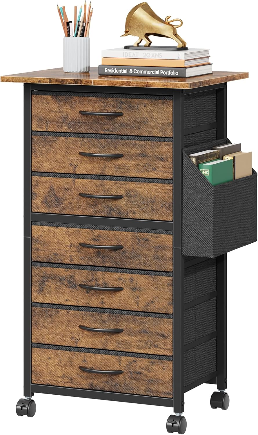 HIGDBFE 7 Fabric Drawers File Cabinet with Side Pocket, Rolling Printer Stand with Storage for Home Office, Wood Top Storage Cabinet for Documents and Crafts, Rustic Brown, 15 D