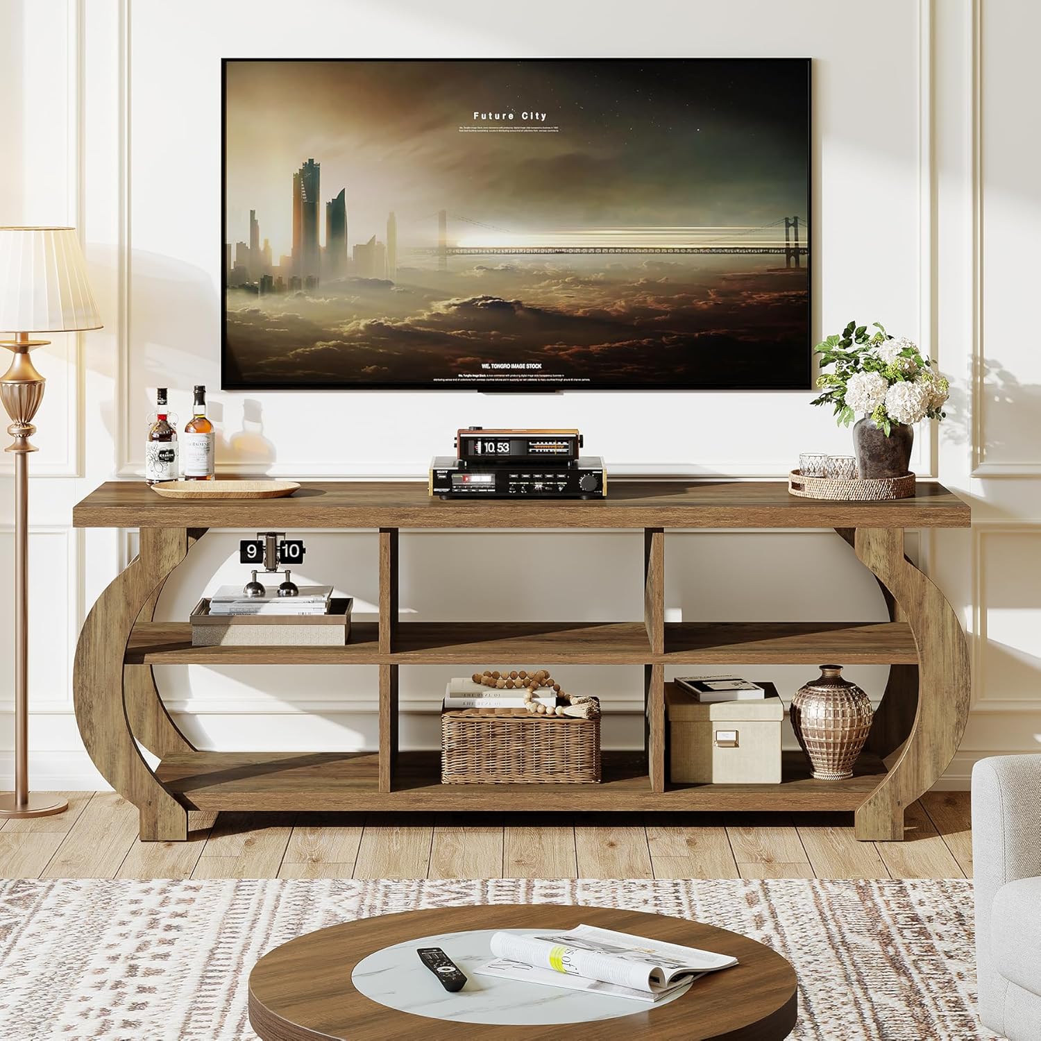 Tribesigns 63 TV Stand for 55/60/65/75-Inch TVs, Farmhouse Entertainment Center with Open Storage Shelves, Wooden Media TV Console for Living Room, Bedroom, Rustic Brown