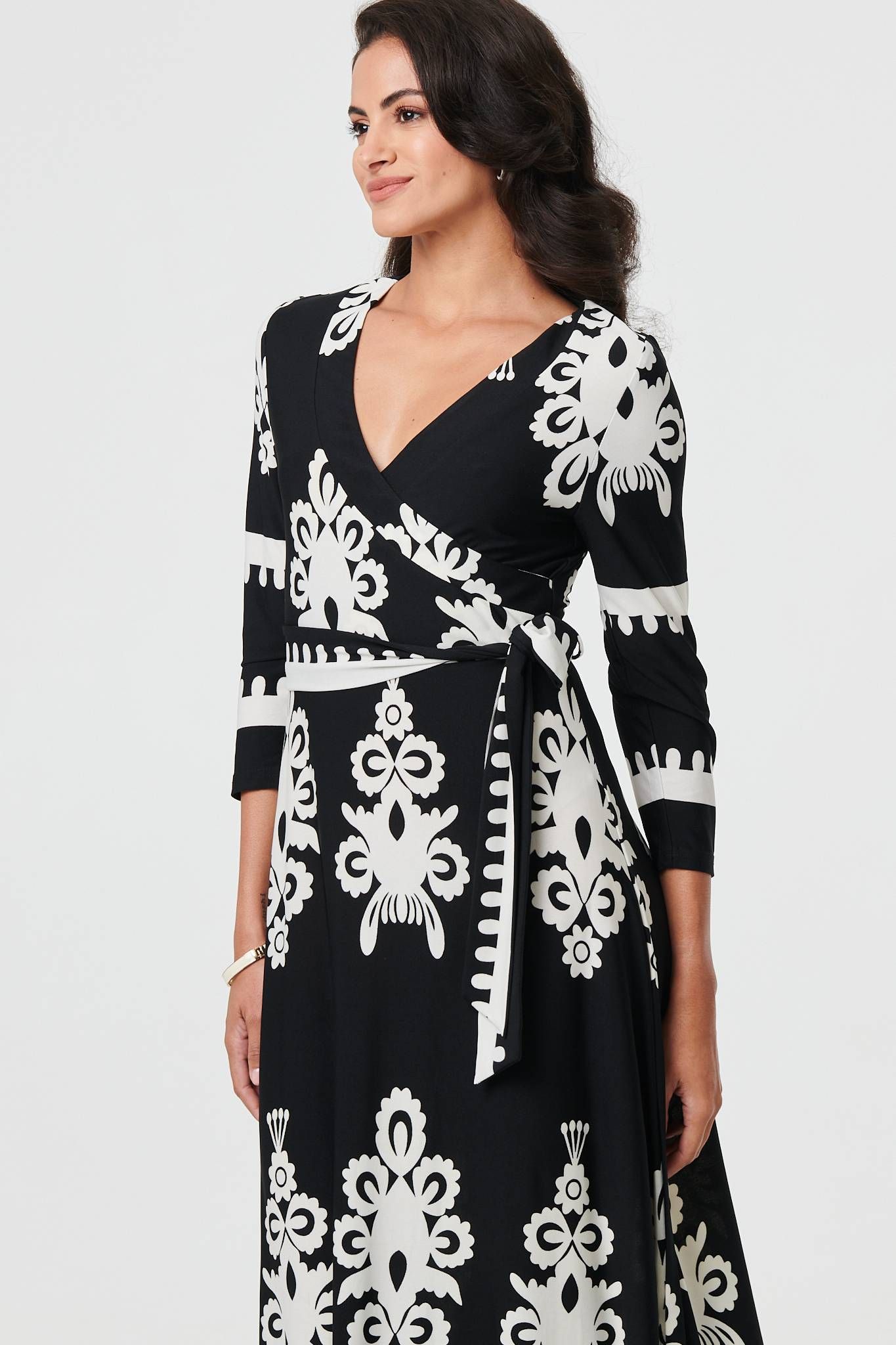 Izabel London Ikat Print 3/4 Sleeve Wrap Maxi Dress