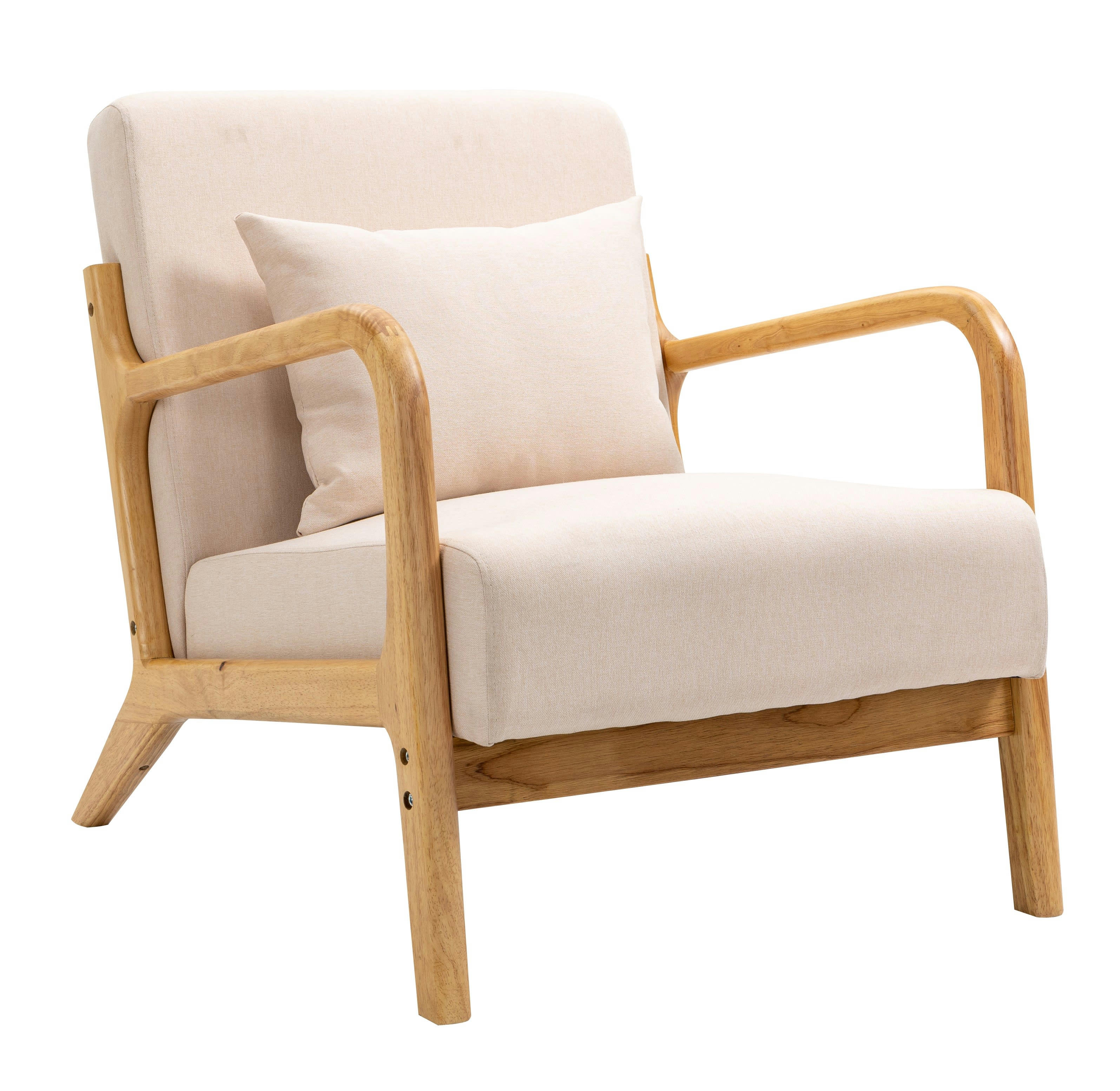 - Fauteuil de salon en bois massif et tissu beige