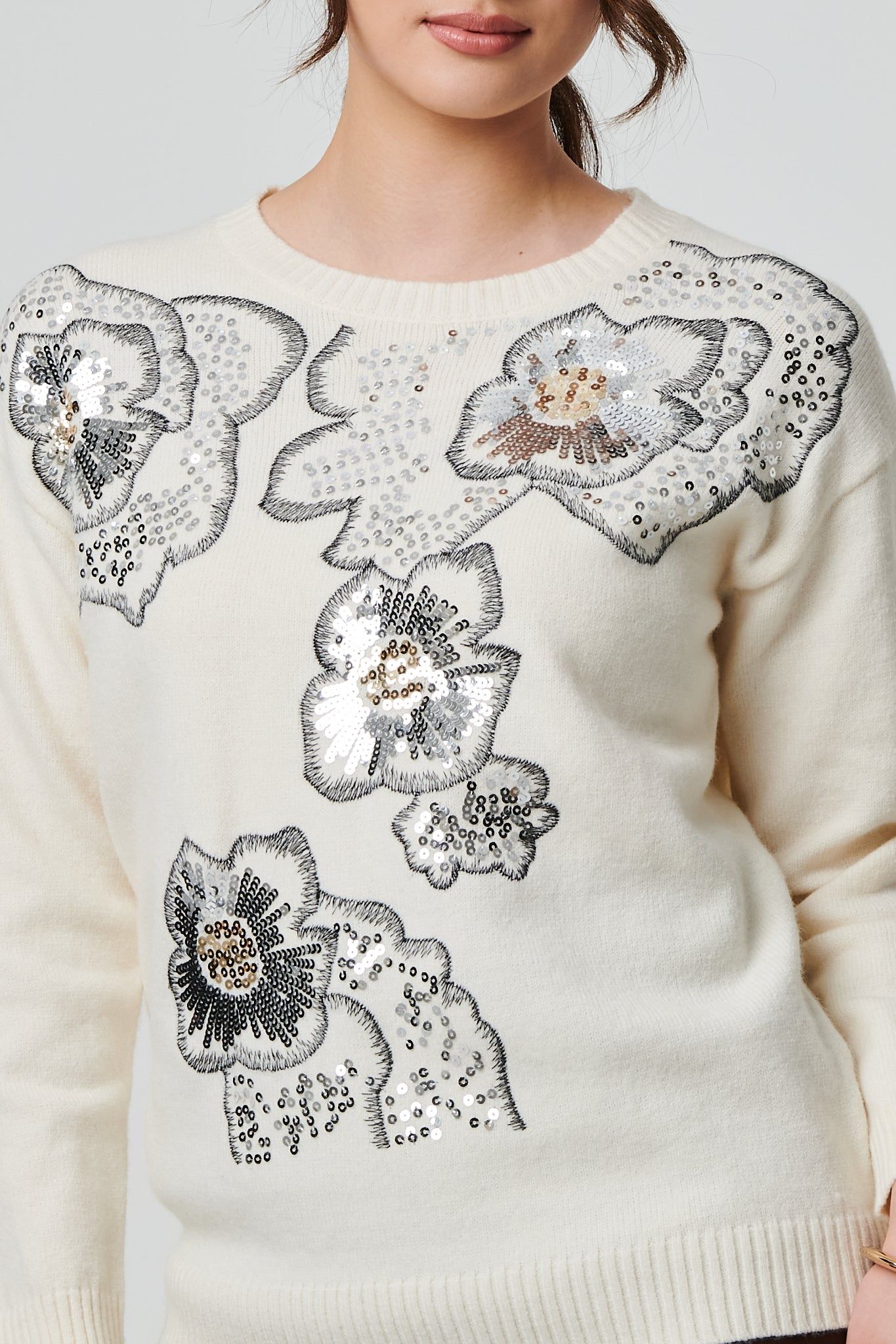 Izabel London Floral Sequin Detail Long Sleeve Jumper