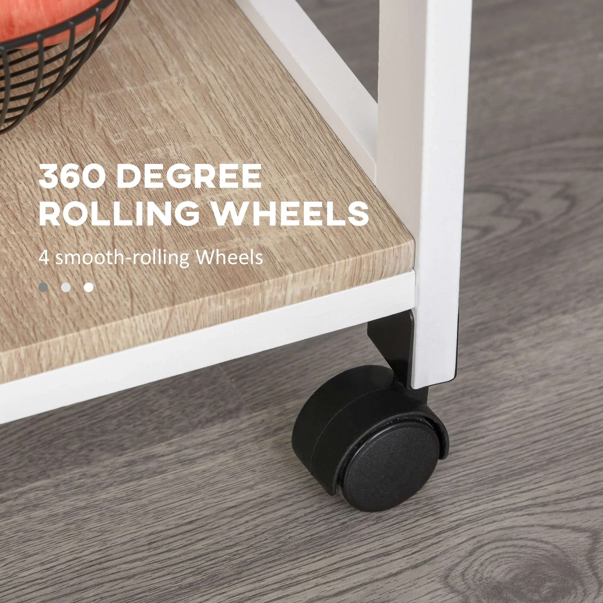 Mobile Kitchen Cart, Rolling Kitchen Island with Storage, Solid Wood Frame Utility Cart with Wire Fruit Baskets, Trays