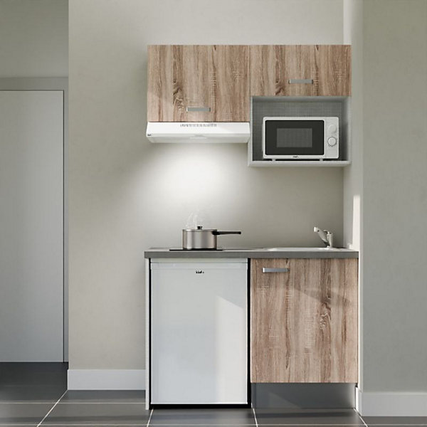 Kitchenette K02 façades Bois - Plan de travail Gris béton - Crédences : Non - Evier inox - Electroménager Blanc inclus